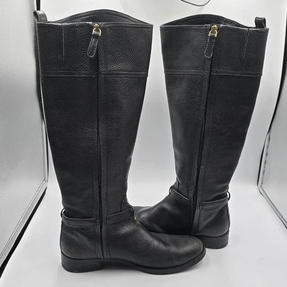 Tory Burch Black Pebbled Leather Riding Boots Size 9M Embossed Logo Gold Buckle